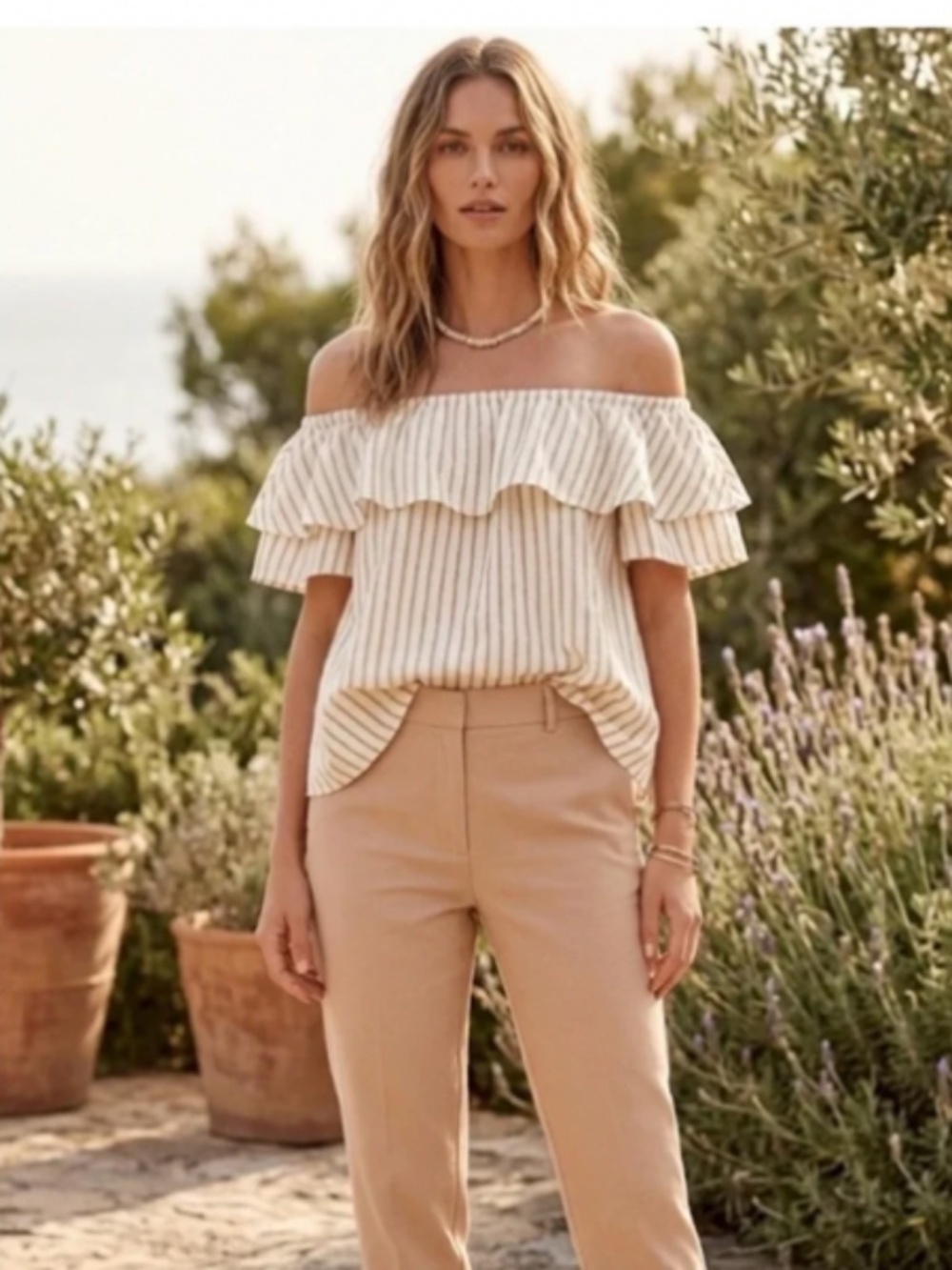 Halston Heritage Beige and white striped blouse
